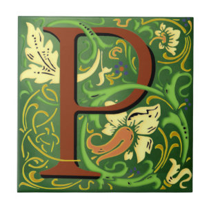Wm Morris Ornate Letter "P" Initial Ceramic Tile  