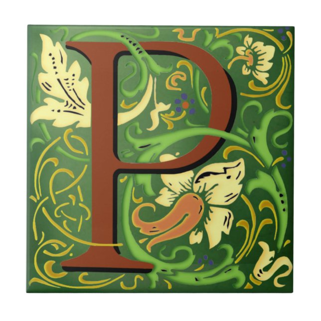 Wm Morris Ornate Letter "P" Initial Ceramic Tile   (Front)