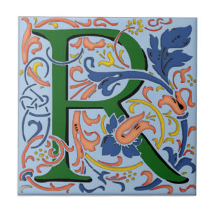Wm Morris Ornate Letter "R" Initial Ceramic Tile  