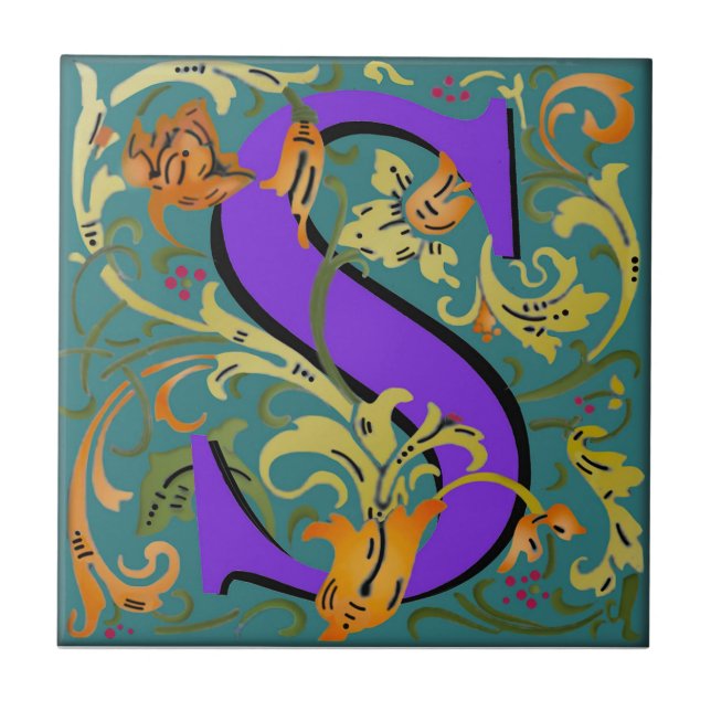 Wm Morris Ornate Letter "S" Initial Ceramic Tile   (Front)