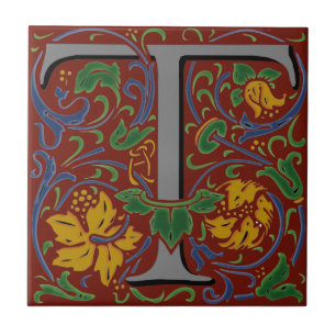 Wm Morris Ornate Letter "T" Initial Ceramic Tile  
