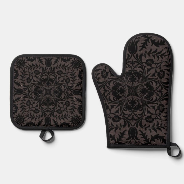 Wm Morris Seamless Vine Black Charcoal Pattern Oven Mitt & Pot Holder Set (Front)