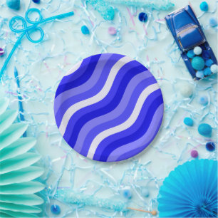 Wobbly Pop Stripes Bright Blue Diagonal Pattern Paper Plate