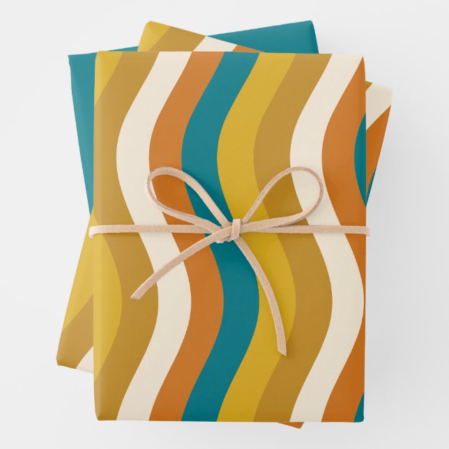 Wobbly Pop Stripes Retro Modern Pattern Teal Ochre Wrapping Paper Sheet (In situ)