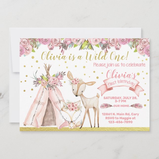 Woddland, deer, fox, teepee birthday invite. invitation (Front)