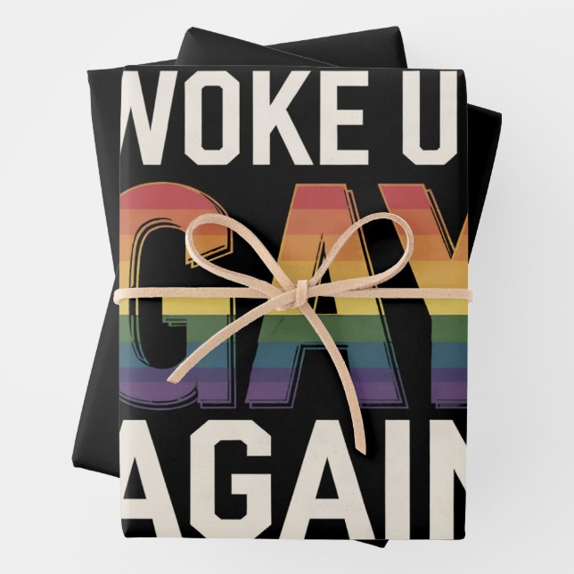 Woke Up Gay Again Funny LGBTQ Pride Ally Rainbow Wrapping Paper Sheet (In situ)
