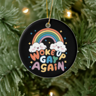 Woke Up Gay Again LGBT Pride Month Groovy Ceramic Ornament