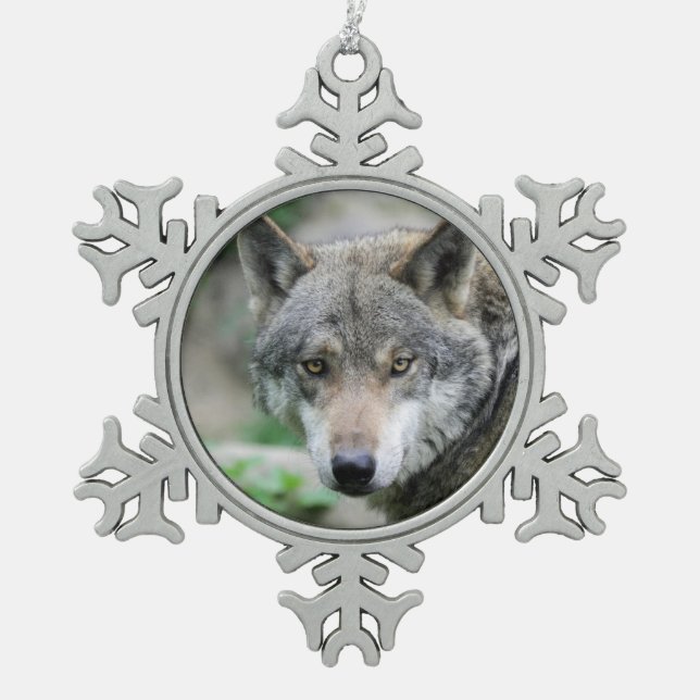 Wolf_011 Snowflake Pewter Christmas Ornament (Front)