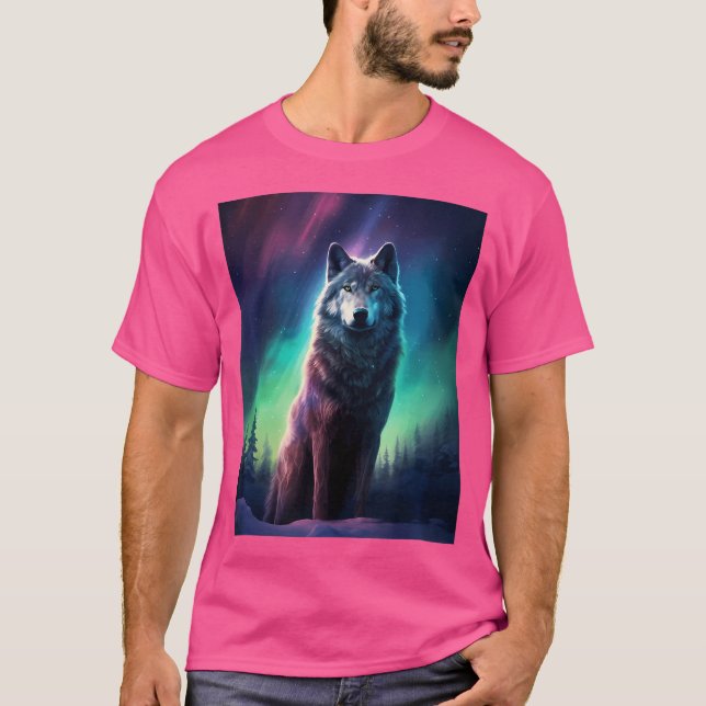 Wolf Alaska Northern Light Aurora Borealis T-Shirt (Front)