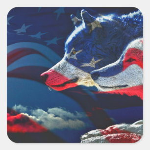 Wolf American Flag Full Moon Square Sticker