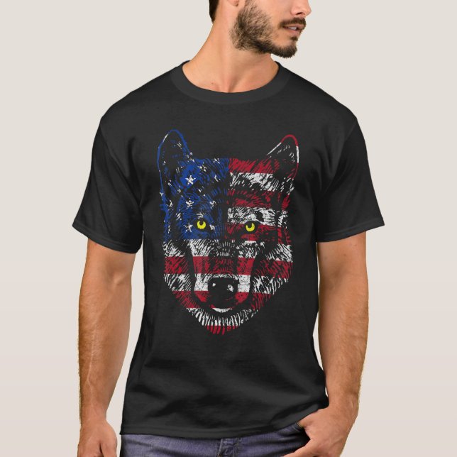 Wolf American Flag Usa 4th July Patriotic T-Shirt (Front)