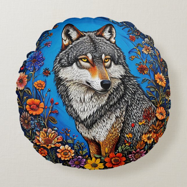 Wolf Amid Vibrant Flowers Round Cushion (Front)
