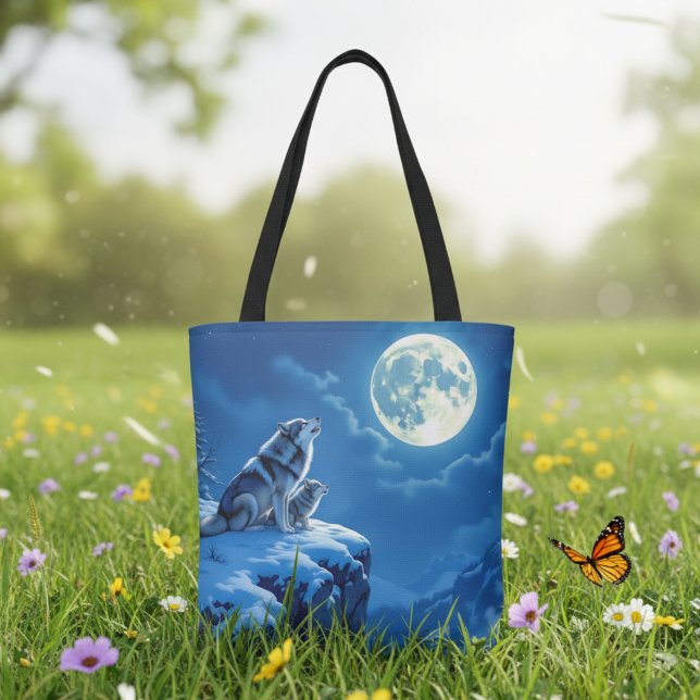 Wolf and Baby Cub Howling at Full Moon Tote Bag (Creator Uploaded)