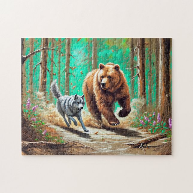 Wolf and Bear Chase Pastel Chalk Forest Scene Jigsaw Puzzle (Horizontal)