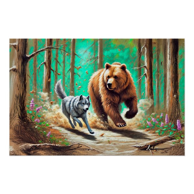 Wolf and Bear Chase Pastel Chalk Forest Scene Poster (Front)