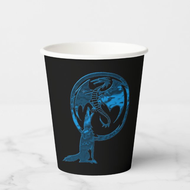 Wolf and Dragon Blue black paper cups (Front)