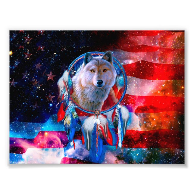 Wolf and Dreamcatcher in american flag painting Photo Print (Front)