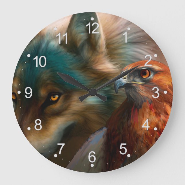 Wolf and eagle painting large clock (Front)