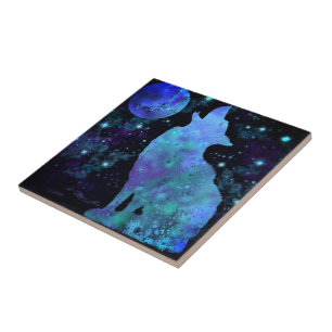 Wolf and Full Moon Ceramic Tile
