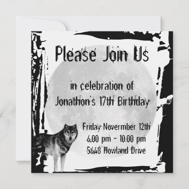 Wolf and Full Moon Gothic Birthday Invitation (Front)
