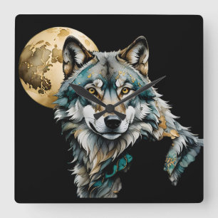 Wolf and Gold Moon Square Wall Clock