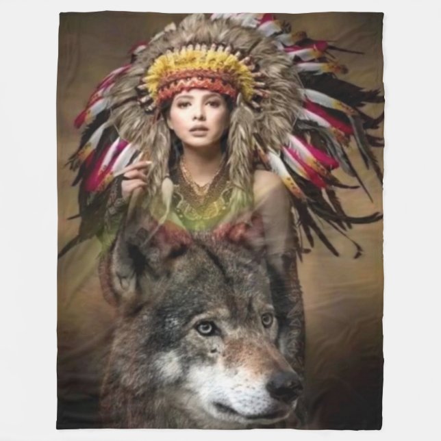 WOLF and INDIAN MADIEN Fleece Blanket (Front)