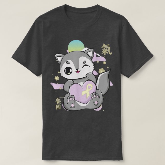Wolf And Kawaii Ribbon For Childhood Cancer Awaren T-Shirt (Design Front)