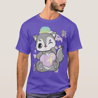 Wolf And Kawaii Ribbon For Childhood Cancer Awaren T-Shirt