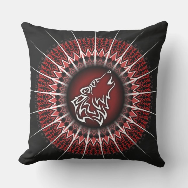 Wolf And Mandala Red White Black Modern Cushion (Front)