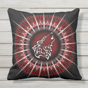Wolf And Mandala Red White Black Modern Cushion