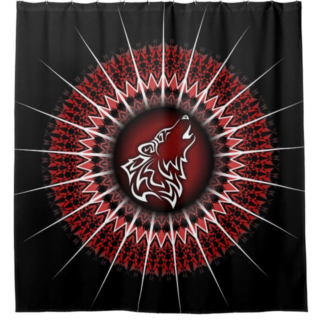 Wolf And Mandala Red White Black Modern Shower Curtain (Front)