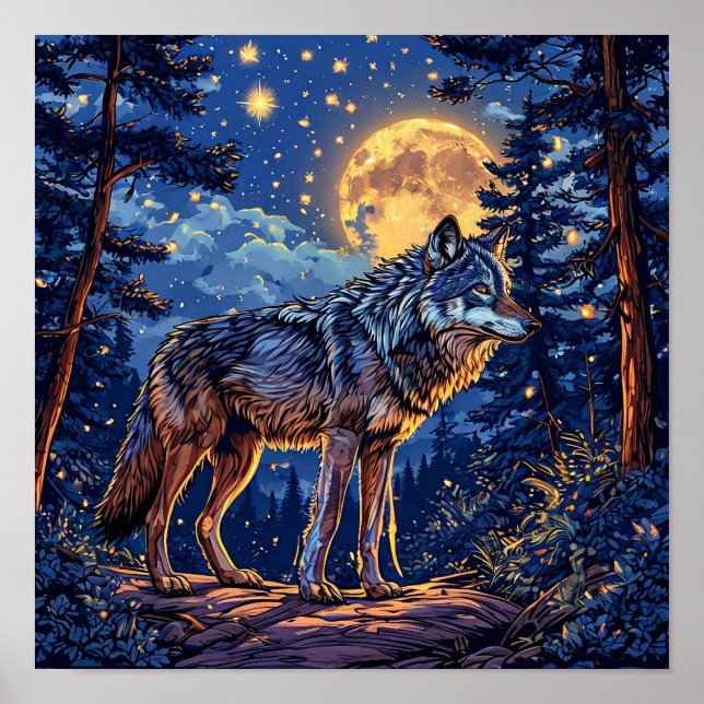 🐺 Wolf And Moon Forest Night Sky Mystical Nature  Poster (Front)