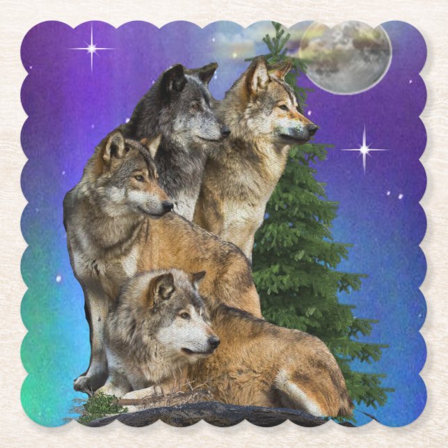 Wolf and Moon Paper Coaster (Front)