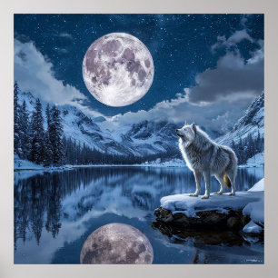 Wolf and moon poster