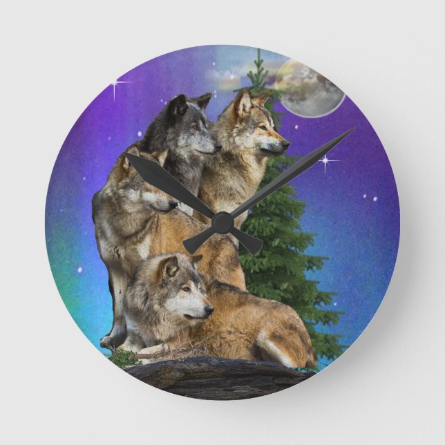 Wolf and Moon Round Clock (Front)