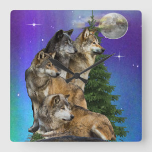 Wolf and moon square wall clock