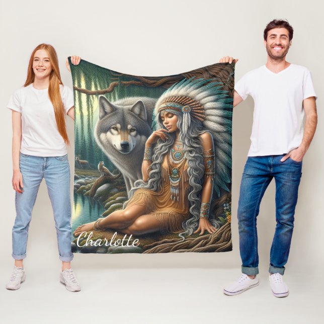 Wolf and Native Indian in nature Fleece Blanket (In Situ)
