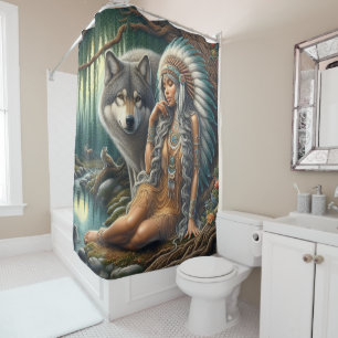 Wolf and Native Indian in nature Shower Curtain