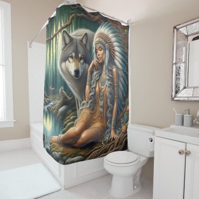 Wolf and Native Indian in nature Shower Curtain (In Situ)