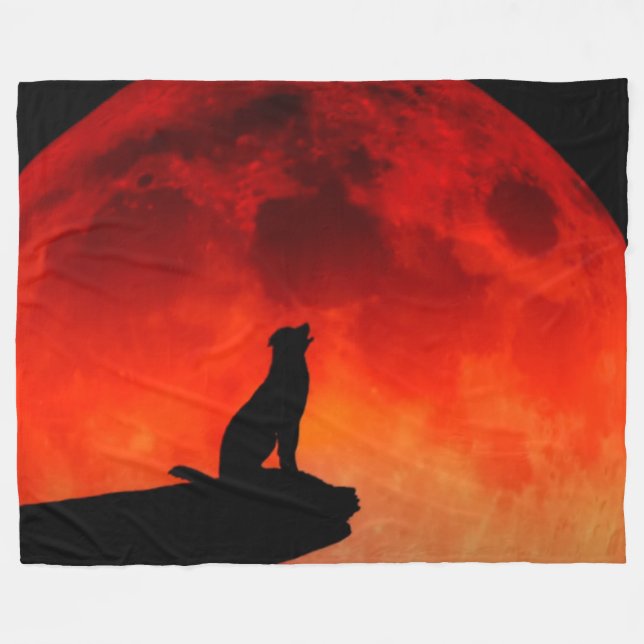 WOLF and ORANGE MOON Fleece Blanket (Front (Horizontal))