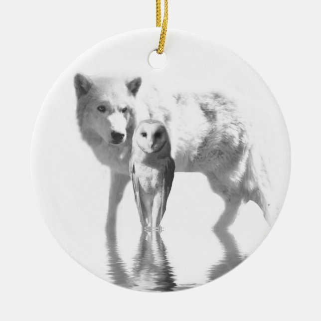 Wolf and Owl Ceramic Ornament (Front)