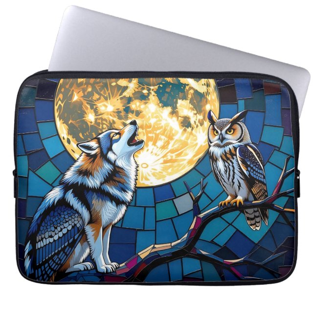  Wolf and Owl Mosaic Art Laptop Sleeve (Front)