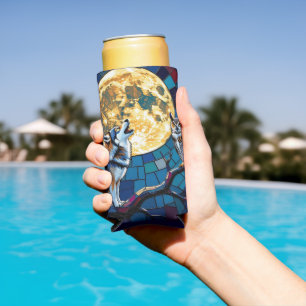 Wolf and Owl Mosaic Art Seltzer Can Cooler