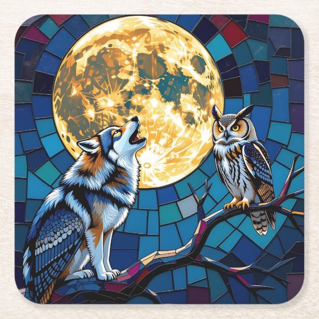  Wolf and Owl Mosaic Art Square Paper Coaster (Front)