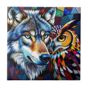 Wolf and Owl Vibrant and Colourful Ceramic Tile