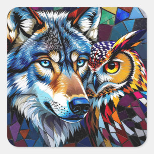 Wolf and Owl Vibrant and Colourful Square Sticker