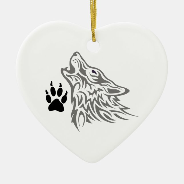 WOLF AND PAW PRINT CERAMIC ORNAMENT (Front)