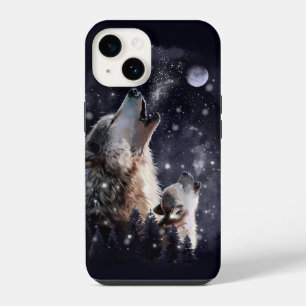 Wolf and puppy howling at the moon iPhone 14 case