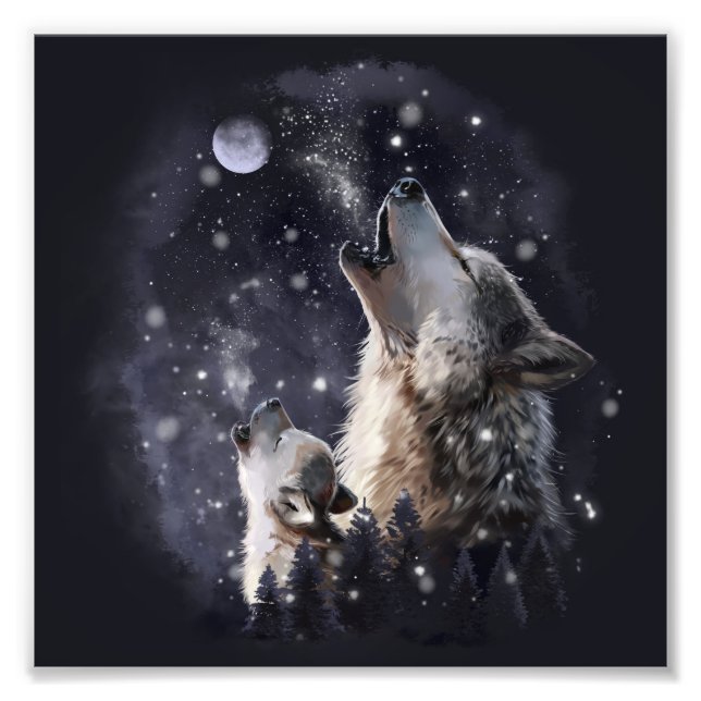 Wolf and puppy howling at the moon photo print (Front)