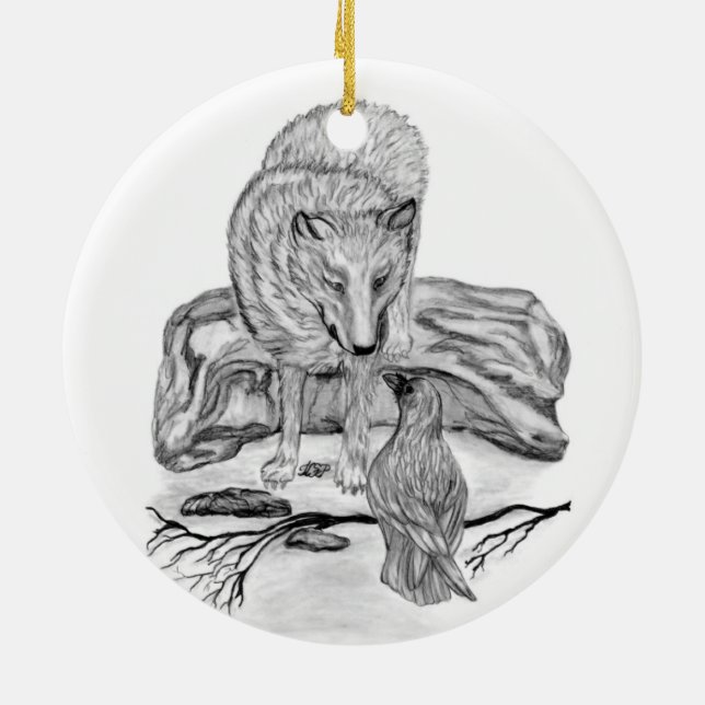 Wolf and Raven black and white design Ceramic Ornament (Back)